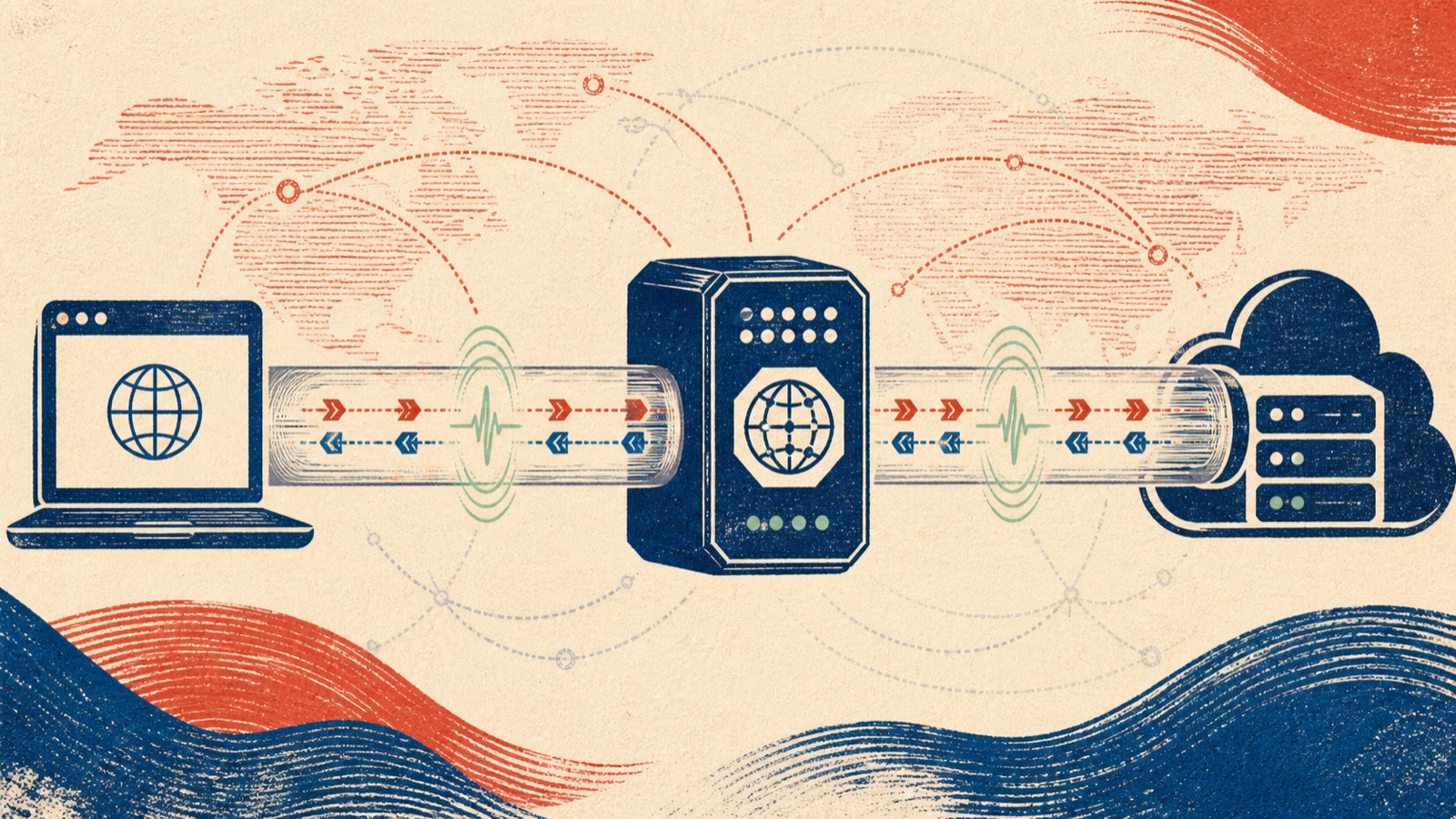 浏览器流量经过代理中继连接互联网服务,并交换双向 WebSocket 心跳信号