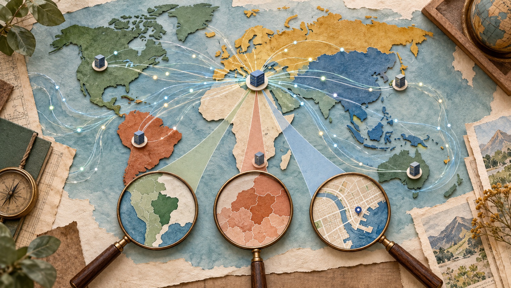 分层纸艺世界地图展示互联网路由，以及围绕代理出口的三个独立地理证据透镜