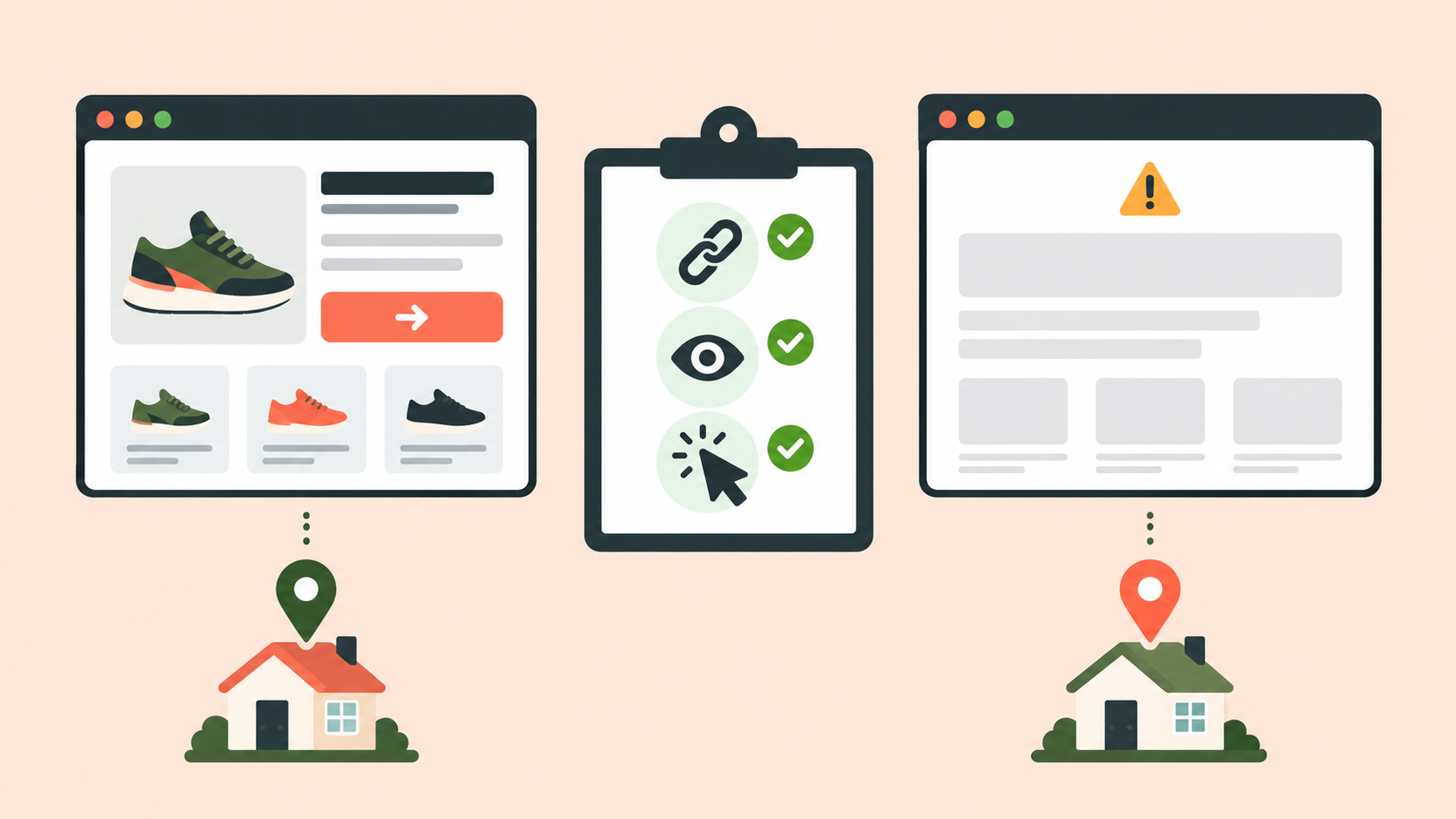 Two regional landing-page browser checks compare a complete campaign page with a blank placeholder, beside a content acceptance checklist
