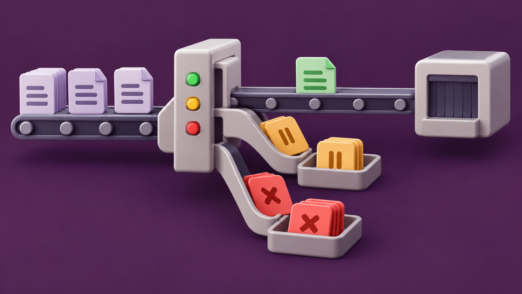 A URL queue passing through a scope filter: approved green document proceeds while rejected red and uncertain amber documents are held