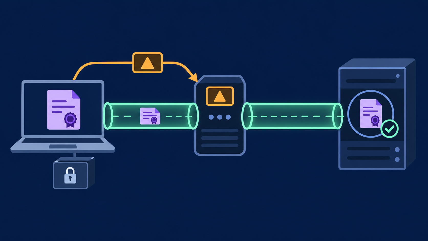A client certificate travels inside a tunnel through a proxy relay to the target verifier, while proxy login is shown as a separate credential