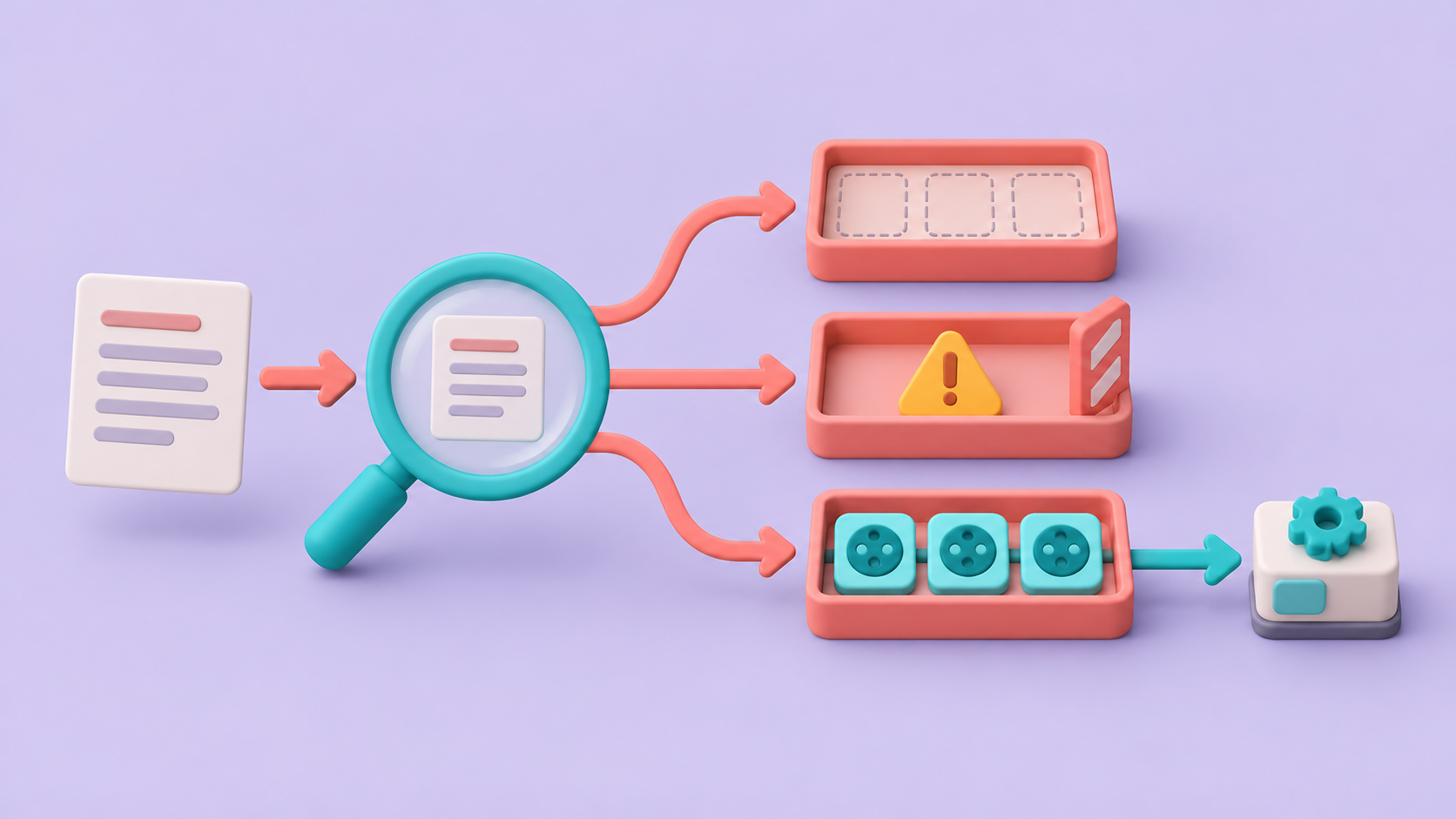 An extraction response is inspected before splitting into an empty-result tray, an error hold tray and validated endpoints for a worker