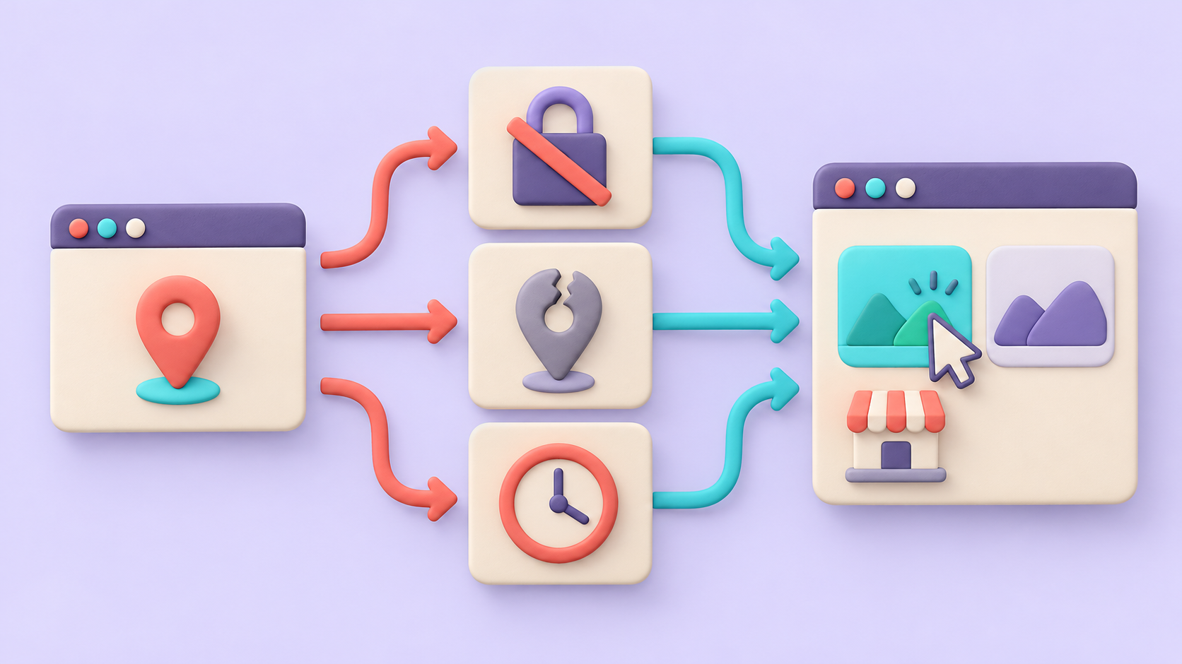 A browser location request branches into a blocked permission card, an unavailable position card and a timeout card, all leading to a usable manual location selector