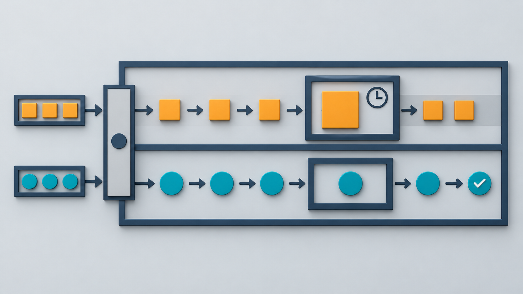 Two project queues feed separate bounded worker lanes; a slow amber task remains in one lane while a teal task progresses through the other under a shared outer limit