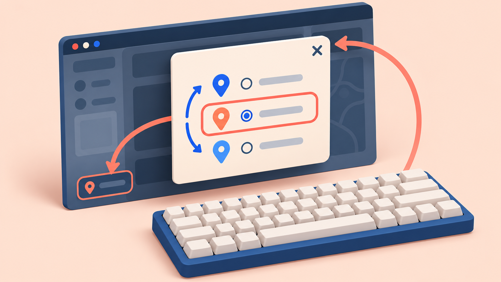 A keyboard-controlled focus ring enters a market-selection dialog, cycles among its controls and returns to the original trigger after dismissal