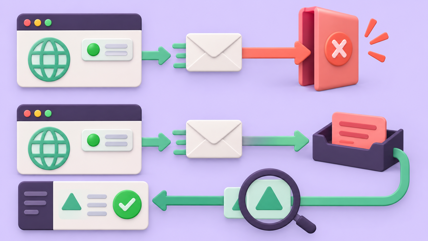 A green browser connection hint remains separate from a target request that stops at an error gate, while a fresh verified response is needed to restore the application state