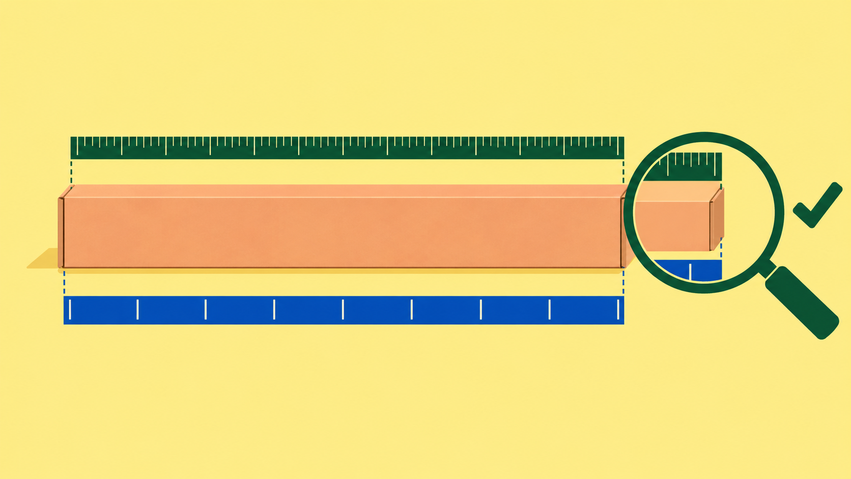 One product box compared against fine and coarse ruler divisions while a magnifier checks unchanged physical length
