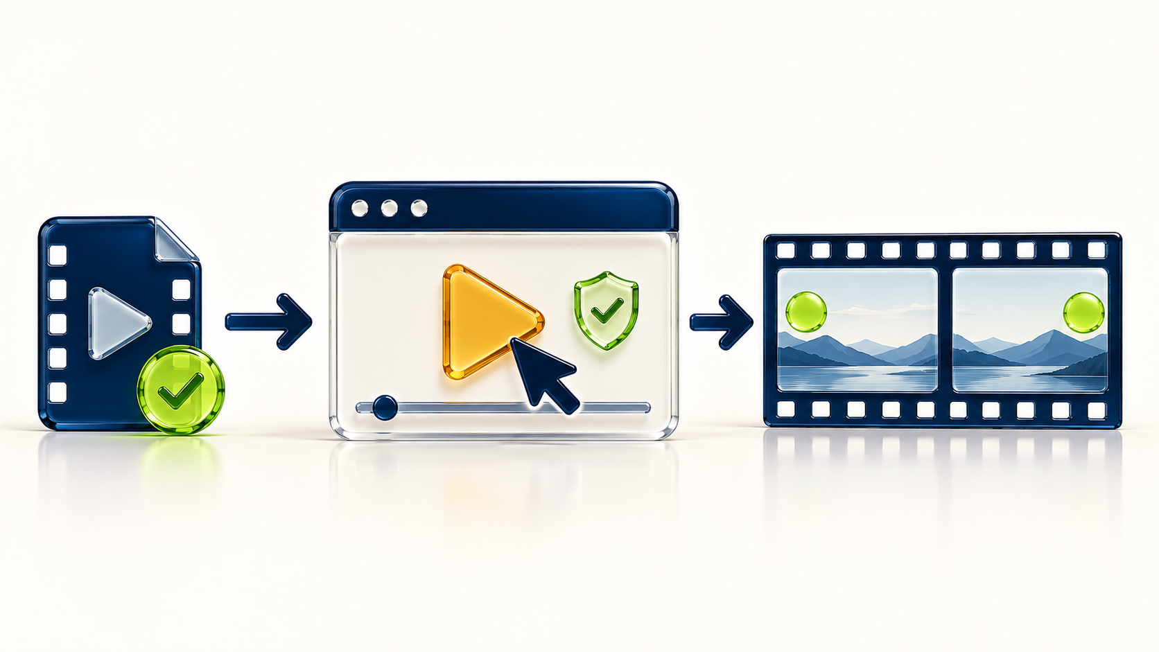 A downloaded video tile is checked separately from a play control and two advancing film frames, distinguishing delivery from playback