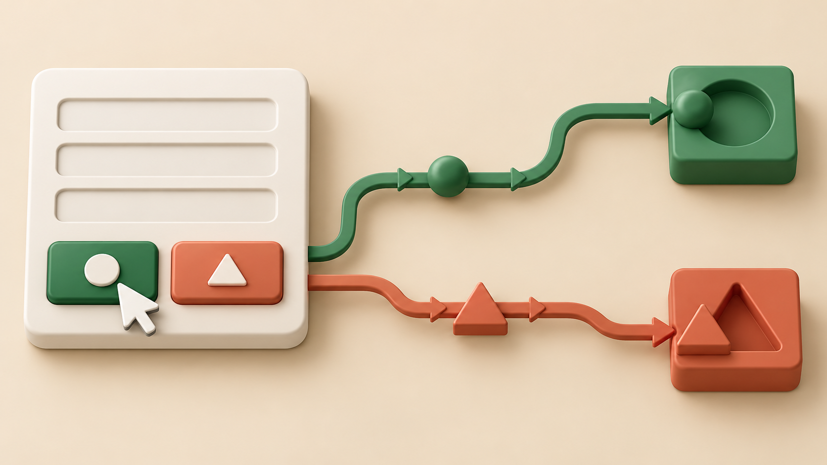 One shared form has two distinct submit buttons, each carrying its own circle or triangle intent token along a separate route to the matching receiver