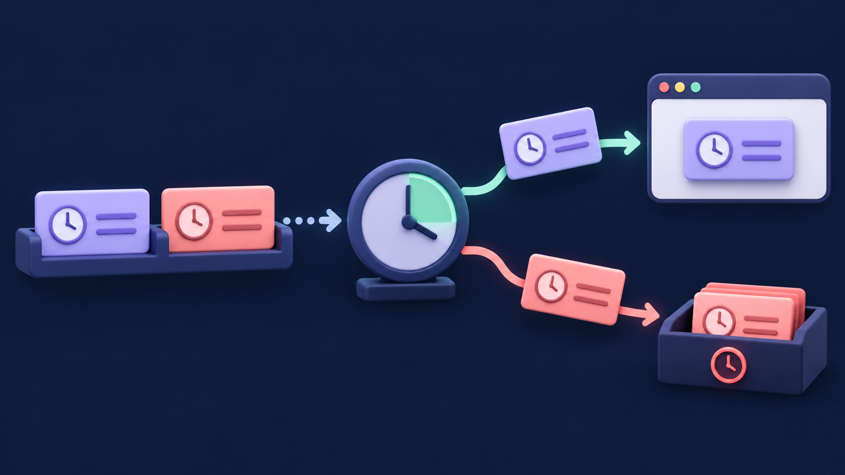 A fresh observation card passes a clock checkpoint to a browser task, while a late card is retained in a separate expired tray before any new request is sent